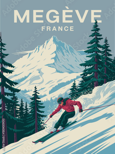 Megeve ski resort travel poster featuring skier foreground and mountain landscape vintage vector