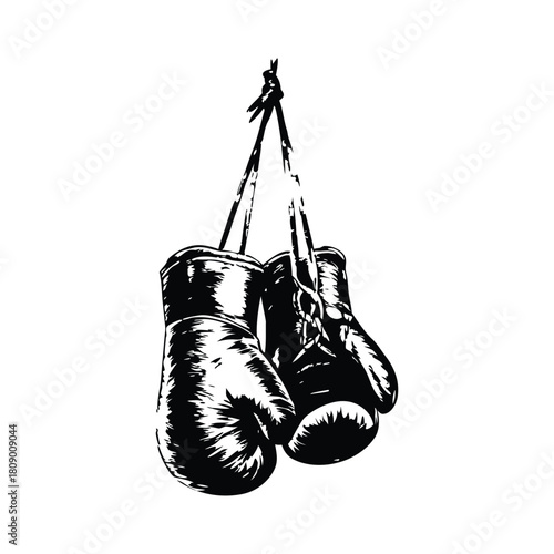 Black and white vintage illustration of worn boxing gloves retro vintage vector art