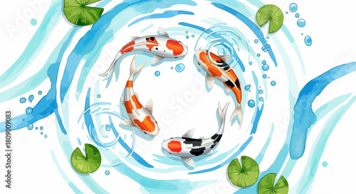 Beautiful Watercolor Koi Fish Splatter Splash, Elegant Ripples and Lily Pads, Serene Aquatic Scene