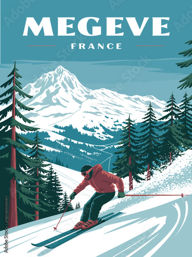 Megeve ski resort travel poster with skier foreground trees and mountain range handmade vector vintage illustration