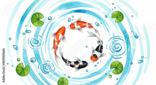 Tranquil watercolor koi fish art, gracefully swimming in a circular pattern amidst lily pads with beautiful water splatter and delicate splash effects