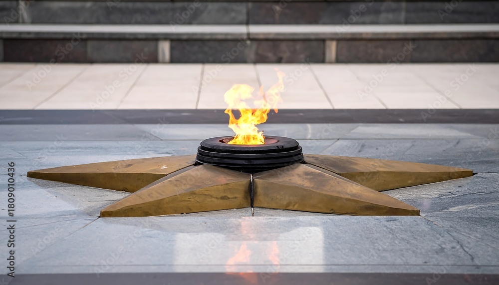 Naklejka premium Eternal flame burns atop a star monument set in stone, framed by steps in the background