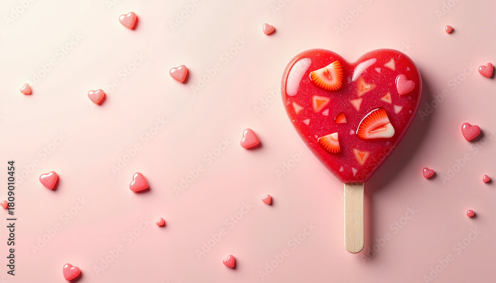 Obraz premium Heart shaped popsicle with strawberries on pink background, for Valentines Day