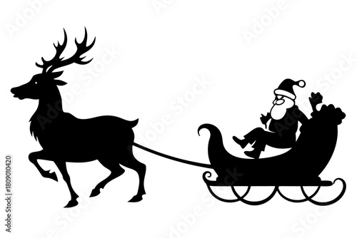 Santa in a sleigh with reindeer,  Christmas Santa sleigh silhouette art