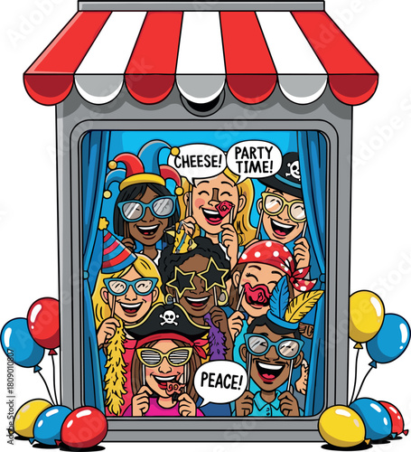 Whimsical cartoon characters displayed inside a carnival booth with balloons