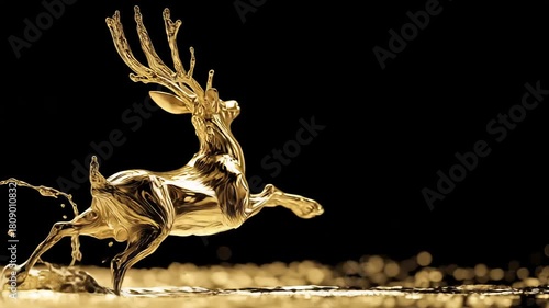 A majestic reindeer made entirely of liquid gold, galloping dynamically through a splashy surface against a dark background.