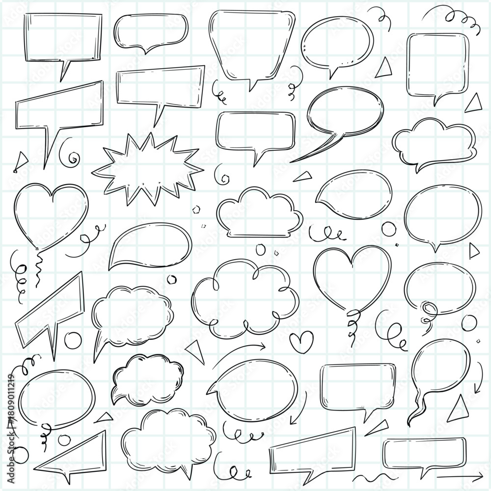 Fototapeta premium Hand drawn vector cartoon speech bubbles and thought clouds doodle set for comic communication design