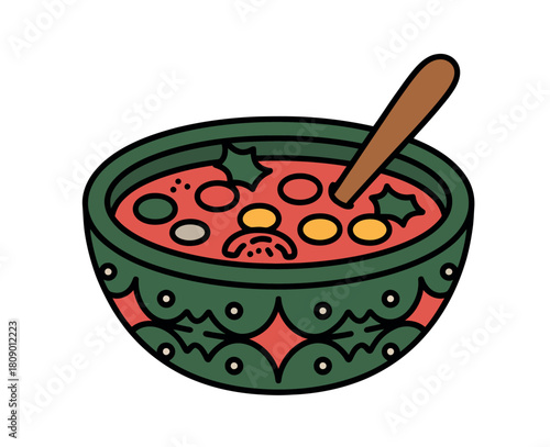 A vibrant illustration depicts a decorative bowl filled with hearty soup and a wooden spoon, ready to be enjoyed.