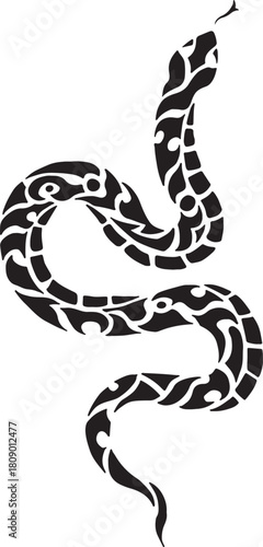 Black and white vector illustration of a coiled cobra snake tattoo design silhouette pattern