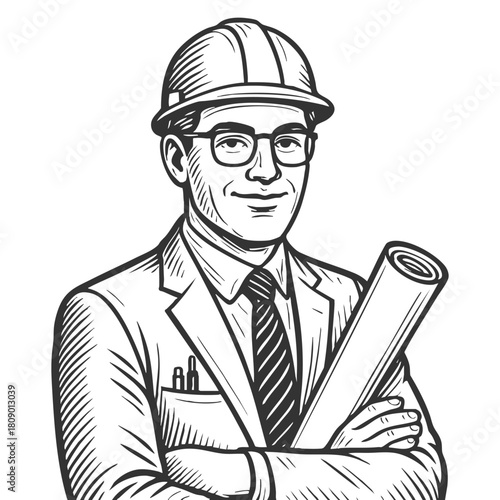 confident male architect or engineer wearing a hard hat and suit, holding rolled blueprints sketch engraving generative ai fictional character vector illustration. Scratch board. Black and white image