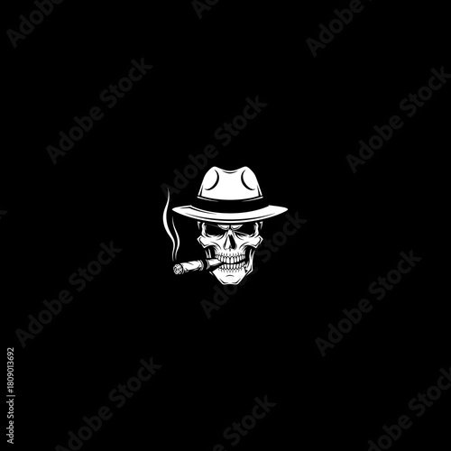 Skull in fedora smoking cigar monochrome vector illustration on black