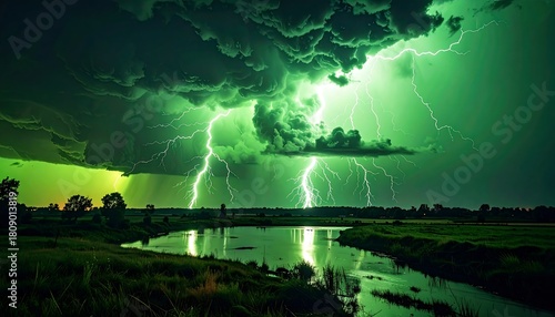 Intense green lightning illuminating a rural landscape with a winding river under a stormy sky, reflecting lights