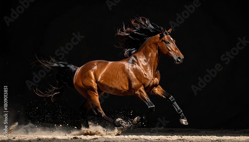 Powerful brown horse galloping across sandy ground, mane flying, against a dark backdrop