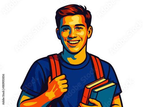 smiling male student with backpack and books, symbolizing education, learning, and academic life. Generative ai vector colorful pop art illustration.