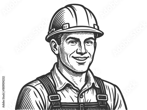 smiling man in overalls and hard hat, representing strength, labor in construction sketch engraving generative ai fictional character vector illustration. Black and white.