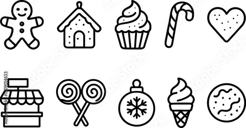 Vintage Christmas toys and gifts icons set. Rocking horse, nutcracker, teddy bear, decorations. Outline vector illustrations