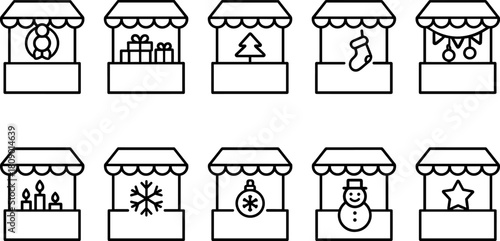Vintage Christmas toys and gifts icons set. Rocking horse, nutcracker, teddy bear, decorations. Outline vector illustrations