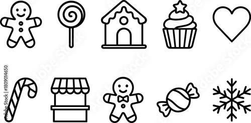 Vintage Christmas toys and gifts icons set. Rocking horse, nutcracker, teddy bear, decorations. Outline vector illustrations