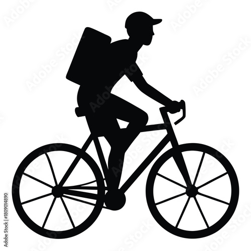 Silhouette of food delivery man riding bicycle with package on back courier