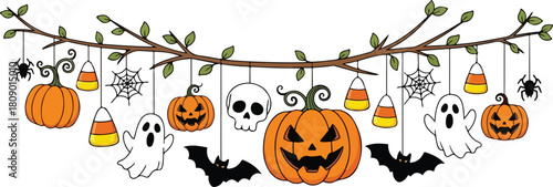 Cute Halloween garland with hanging pumpkins, lanterns, bats, spiders, webs and ghost elements arranged across the top on a clean vector background eps