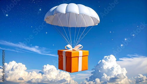 Gift box gracefully descending from the sky via white parachute against a backdrop of clouds and twinkling stars