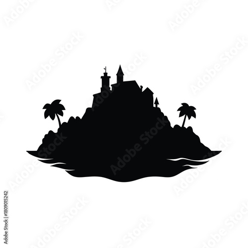 Island with Castle Silhouette Illustration with Palms and Waves in Black Color