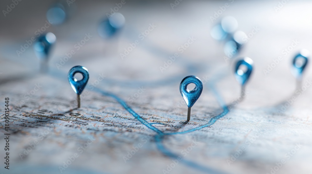 Obraz premium A detailed map with multiple pins highlighting important locations signifying strategic planning in corporate expansion