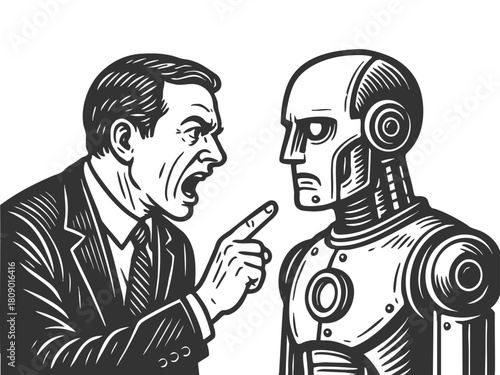 furious man shouting at an emotionless robot, symbolizing conflict between humans and technology sketch engraving generative ai fictional character vector illustration. Scratch board. Black and white.