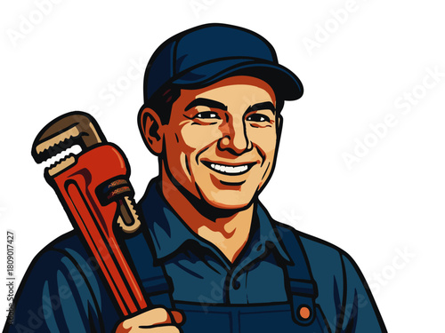 happy plumber in uniform with a large red pipe wrench, ideal for trade or service concepts. Generative ai vector colorful pop art illustration.