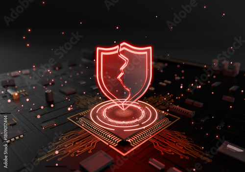 Cybersecurity Breach: The glowing graphic of a fractured shield, symbolizing a critical cyber threat and data vulnerability, is set against a technological background.
