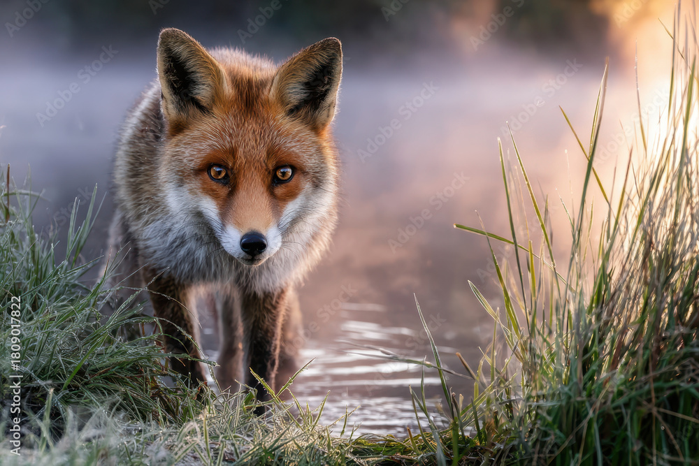 Obraz premium Fox approaching a misty lake during dawn with golden light illuminating the surroundings