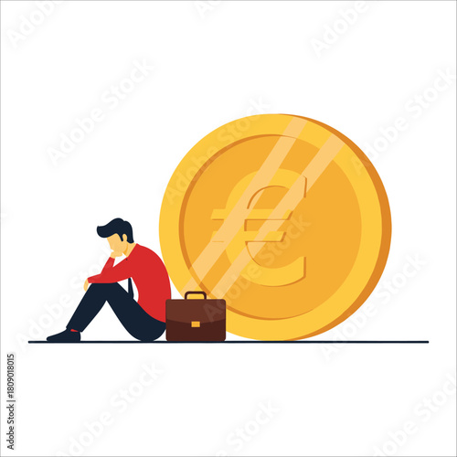 A sad man sits next to a large euro coin and a briefcase, symbolizing financial difficulties and economic challenges isolated on