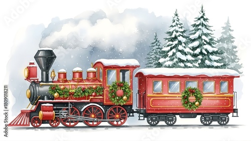 Vintage christmas train decorated with wreaths in a snowy forest scene