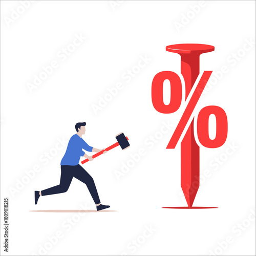 A man hammers a nail with a percentage sign on it, symbolizing the effort to reduce interest rates, inflation, or discounts isolated on