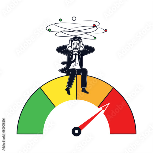 A stressed businessman sits on a speedometer with a needle pointing to the red zone, indicating high stress, anxiety, and pressure isolated on