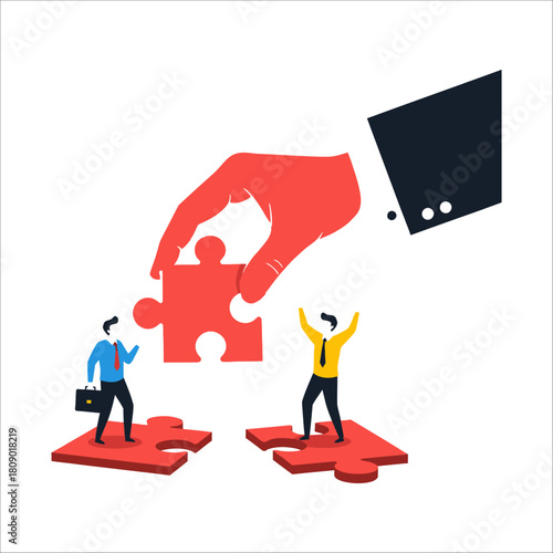 A giant hand places the final puzzle piece, symbolizing teamwork and collaboration, as two small figures celebrate the successful completion of the project isolated on