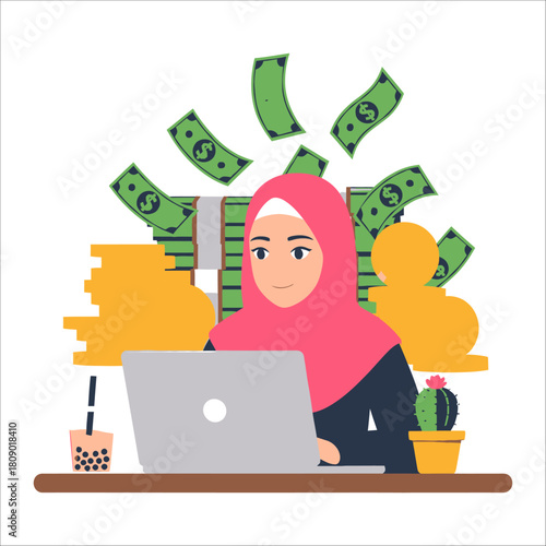 A woman in a hijab works on her laptop surrounded by money, representing financial success and online business, isolated on