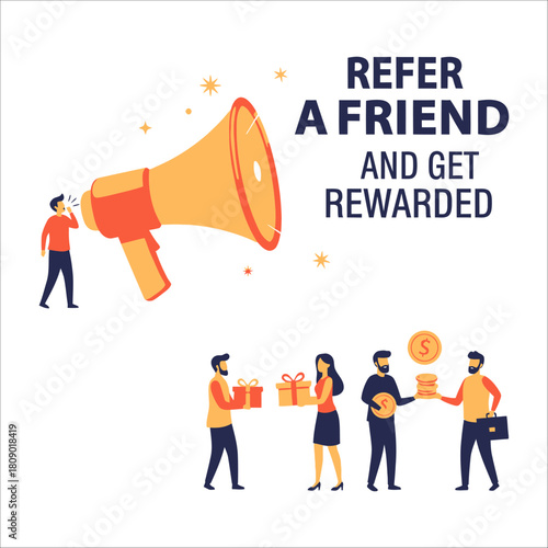 Refer a friend and get rewarded concept with people sharing gifts and money, man using megaphone to announce referral program isolated on