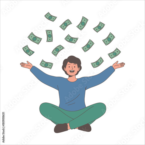 A happy man sitting crosslegged with arms outstretched as money falls from above, isolated on he is smiling and looks very pleased