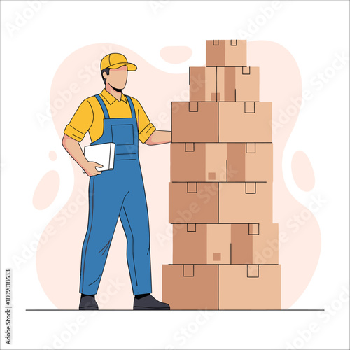 A delivery man in uniform standing next to a stack of cardboard boxes, isolated on he holds a clipboard and wears a cap