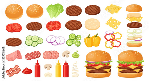 Customizable Burger Ingredients Vector Set - Fast Food Menu Builder & Sandwich Components