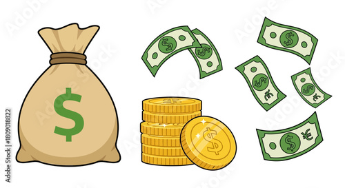 Money bag, coins, and flying dollar banknotes