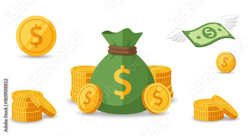 Money bag, gold coins, and flying dollar bill flat design vector illustration