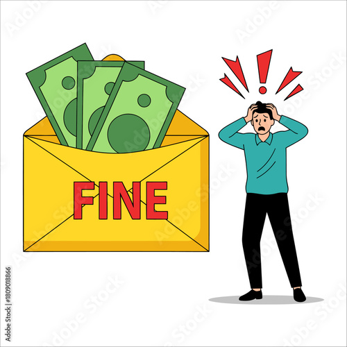 A man is shocked to receive a fine in the mail, with an envelope full of money and exclamation marks above his head isolated on