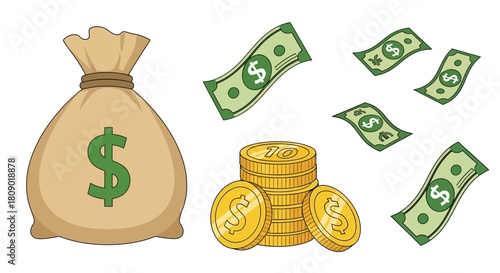 Money bag, coins and dollar bills flat design vector illustration