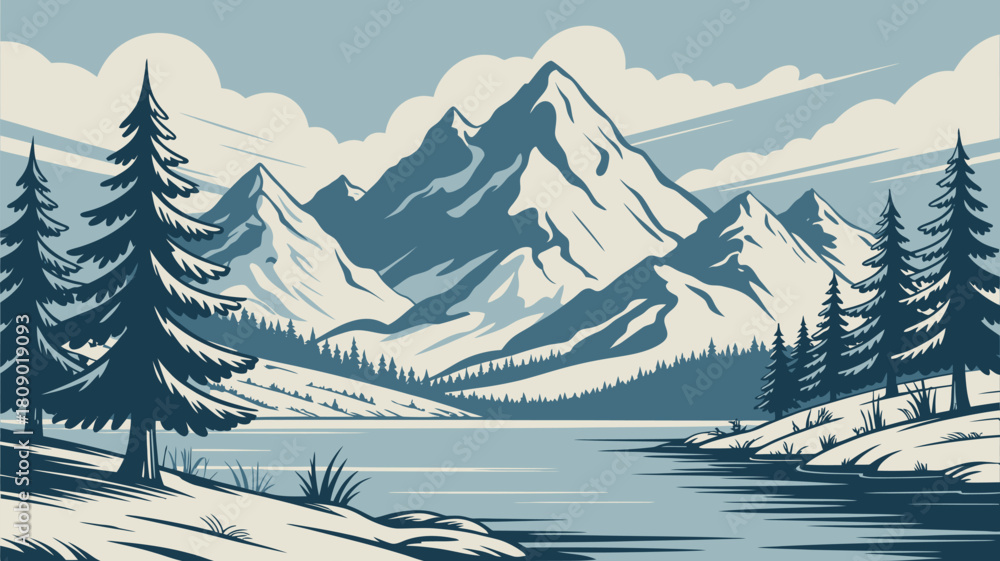 Fototapeta premium Vector flat winter landscape snowy mountains, spruce forest, and snow-covered fields illustration
