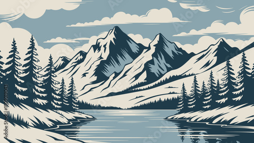 Vector flat winter landscape with snowy mountains, spruce trees, woods, and snow-covered fields under blue sky