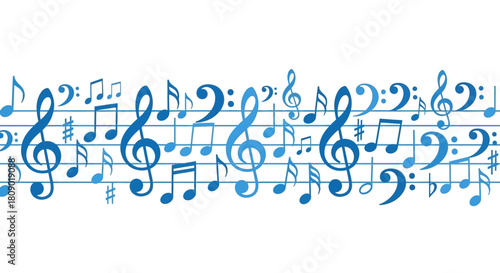 Blue musical notes and staff lines flat vector illustration