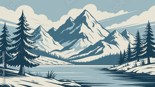 Vector flat winter landscape snowy mountains, spruce forest, and snow-covered fields illustration