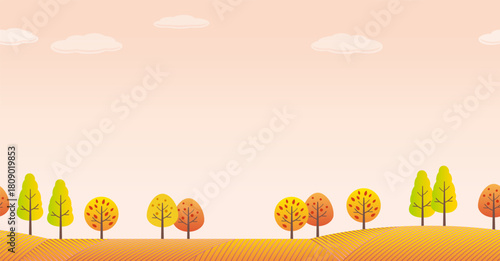 Vector Seamless Hilly Forest In Autumn Background Illustration With Text Space. Horizontally Repeatable.
